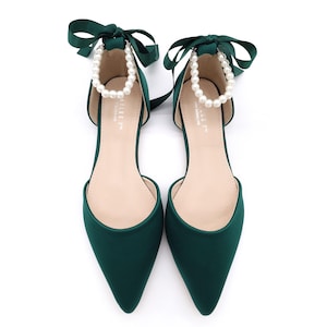 Hunter Green Satin Pointy Toe Flats with ALL PEARLS Ankle Strap, Fall Wedding Shoes, Bridesmaid Shoes, Evening Shoes, Holiday Shoes