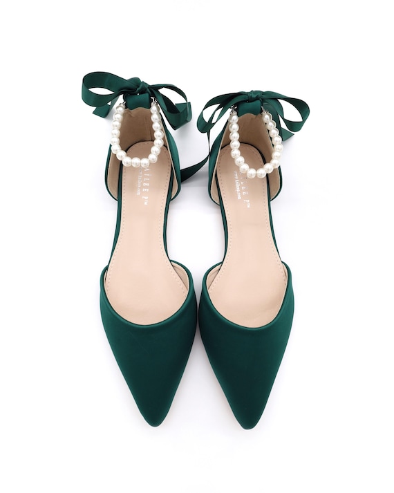 Hunter Green Satin Pointy Toe Flats With ALL PEARLS Ankle Strap