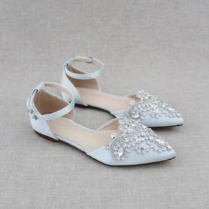 Light Blue Satin Pointy Toe Flats with Sparkly RHINESTONES APPLIQUE , Women Wedding Shoes, Bridal Shoes, Something Blue, Bridesmaids Shoes