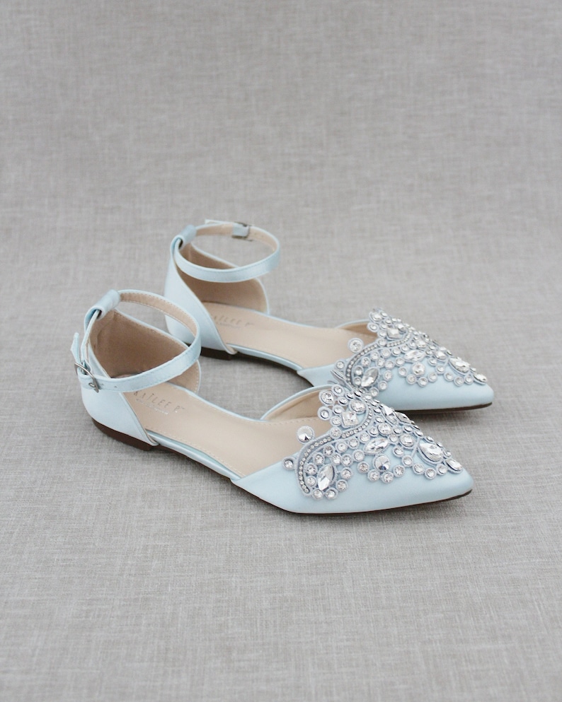 Light Blue Satin Pointy Toe Flats with Sparkly RHINESTONES APPLIQUE , Women Wedding Shoes, Bridal Shoes, Something Blue, Bridesmaids Shoes 
