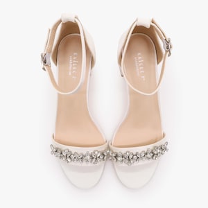 White Satin Block Heel Sandals with FLORAL RHINESTONES on Upper Strap, Flower Girls Shoes, Jr.Bridesmaid Shoes, Wedding Sandals, Women Shoes image 8