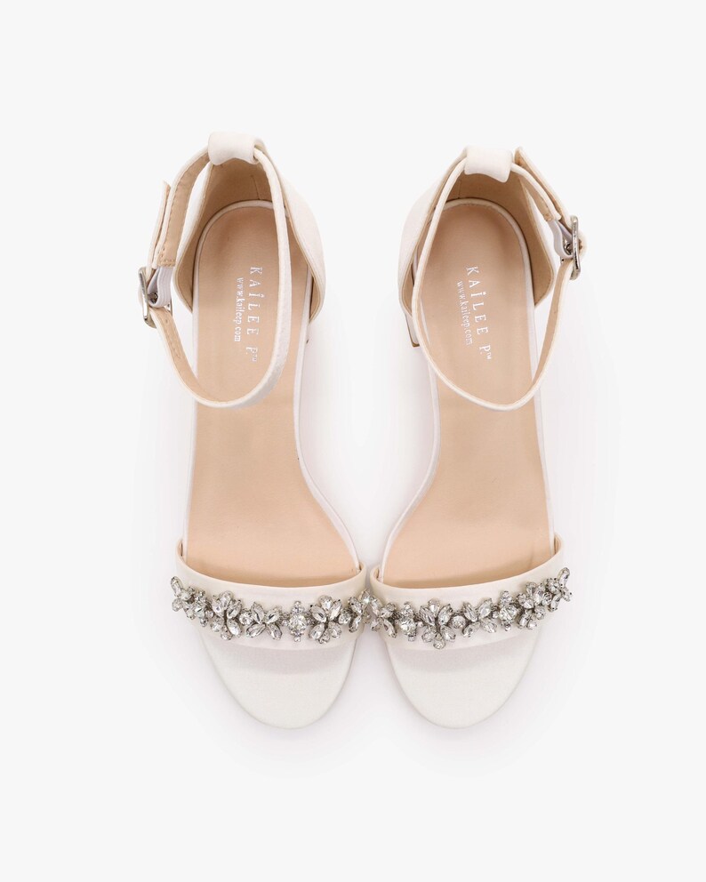 White Satin Block Heel Sandals with FLORAL RHINESTONES on Upper Strap, Flower Girls Shoes, Jr.Bridesmaid Shoes, Wedding Sandals, Women Shoes image 8