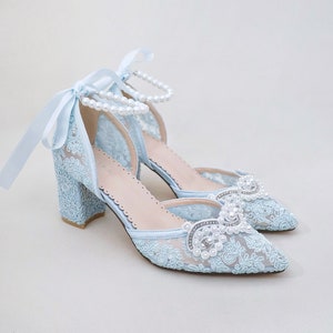 Light Blue Crochet Lace Almond Toe Block Heel with Small Pearls Applique - Wedding Shoes, Bridesmaids Shoes, Bridal Shoes, Something Blue