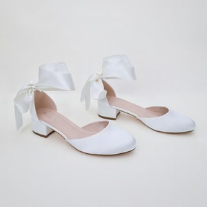 White Round Toe Satin Block Heel with Wrapped Ribbon Tie, Women Wedding Shoes, Bridal Shoes, Bridal Heels, Wedding Heels
