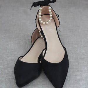 Black Satin Pointy Toe flats with PEARLS ANKLE STRAP, Fall Wedding Shoes, Bridesmaid Shoes, Black Evening Flats, Holiday Shoes image 2