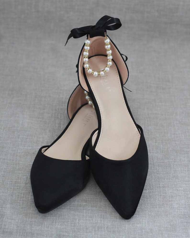 Black Satin Pointy Toe flats with PEARLS ANKLE STRAP, Fall Wedding Shoes, Bridesmaid Shoes, Black Evening Flats, Holiday Shoes image 2