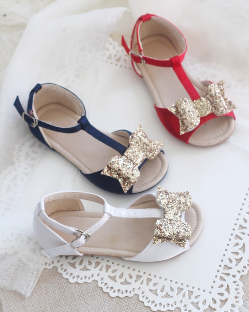 for flower girls WHITE Satin T-strap Flats with Rock Glitter Bow toddler girls shoes