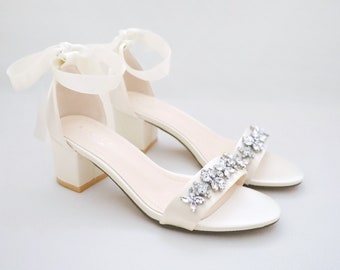 Ivory Satin Block Heel Sandals with FLORAL RHINESTONES on Upper Strap, Flower Girls Shoes, Jr.Bridesmaid Shoes, Women Sandals, Wedding Shoes