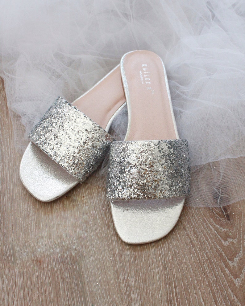 SILVER ROCK GLITTER Flat Sandals Women Wedding Flat Sandals Bride Sandals Bridesmaids Sandals