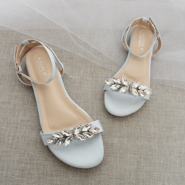 Light Blue Satin Flat Sandal with BUTTERFLY BROOCH, Bridesmaid Shoes, Women Sandals, Kids Sandals, Mommy and Me Shoes