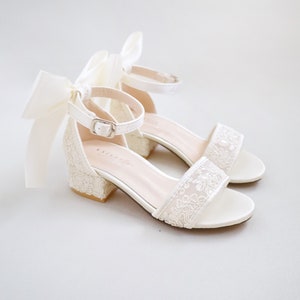 Ivory Crochet Lace Low Block Heel Girls Sandals with Satin Back Bow, Flower Girls Sandals, Birthday Shoes, Baptism Shoes SATIN BACK BOW