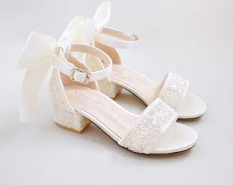 Ivory Crochet Lace Low Block Heel Girls Sandals with Satin Back Bow, Flower Girls Sandals, Birthday Shoes, Baptism Shoes