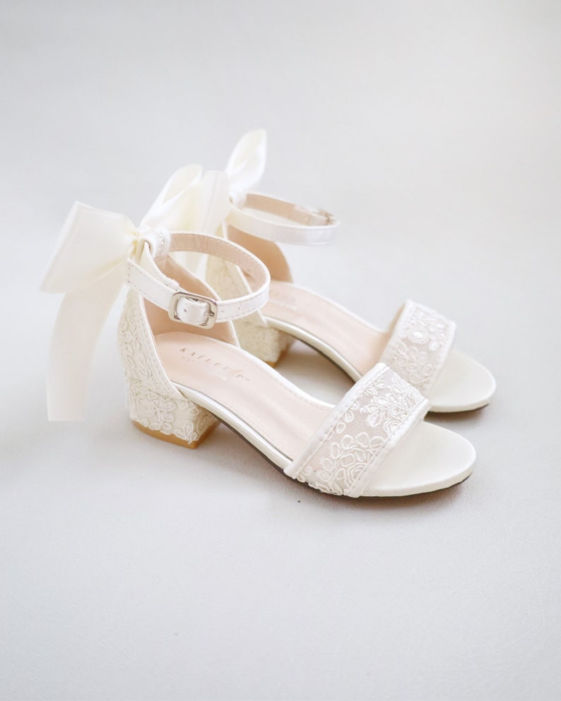 Ivory Crochet Lace Low Block Heel Girls Sandals with Satin Back Bow, Flower Girls Sandals, Birthday Shoes, Baptism Shoes SATIN BACK BOW