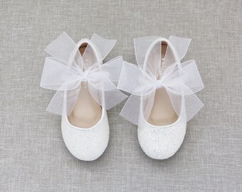 White Rock Glitter Maryjane Flats with WHITE CHIFFON Bow -  For flower girls, baptism and christening shoes, Holiday Shoes