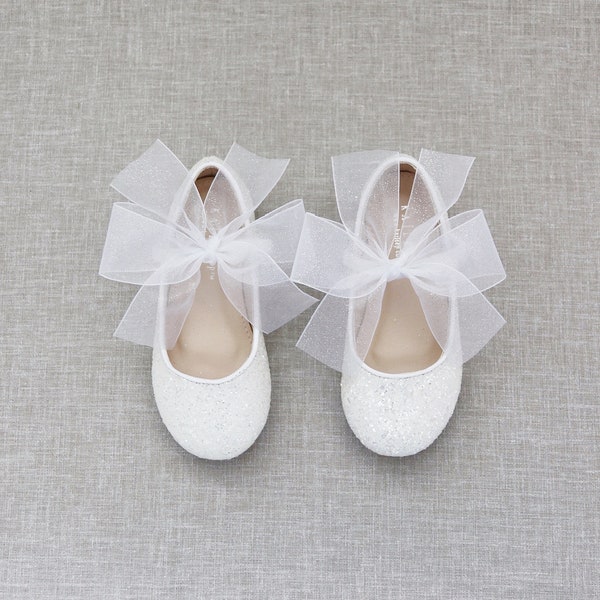 White Rock Glitter Maryjane Flats with WHITE CHIFFON Bow -  For flower girls, baptism and christening shoes, Holiday Shoes