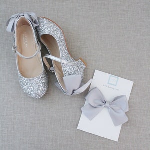 Girls Heels Shoes - Silver Rock Glitter mary-jane heels with added satin bow - Flower Girl shoes, Party shoes, Princess Shoes, Holiday Shoes