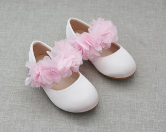 Dusty Pink Satin Mary Jane with CHIFFON FLOWERS - Girls Satin Shoes, Flower Girls Shoes, Holiday Shoes