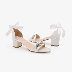 White Satin Block Heel Sandals with FLORAL RHINESTONES on Upper Strap, Flower Girls Shoes, Jr.Bridesmaid Shoes, Wedding Sandals, Women Shoes image 3