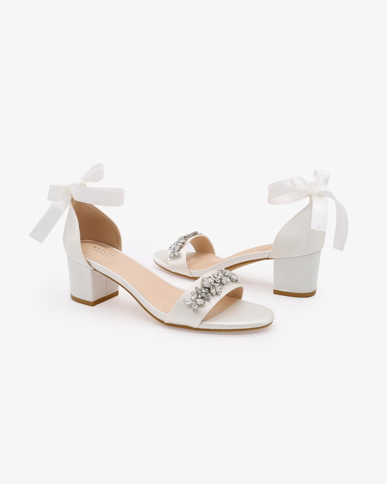 White Satin Block Heel Sandals with FLORAL RHINESTONES on Upper Strap, Flower Girls Shoes, Jr.Bridesmaid Shoes, Wedding Sandals, Women Shoes image 3
