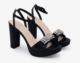 Black Satin Platform Block Heel Evening Sandals with Crystelle Rhinestones - Women Wedding Shoes, Bridesmaids Shoes, Prom Night