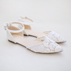 White Crochet Lace Pointy toe flats with MINI PEARLS, Women Wedding Shoes, Bridal Flats, Bride Shoes, Lace Flats image 3