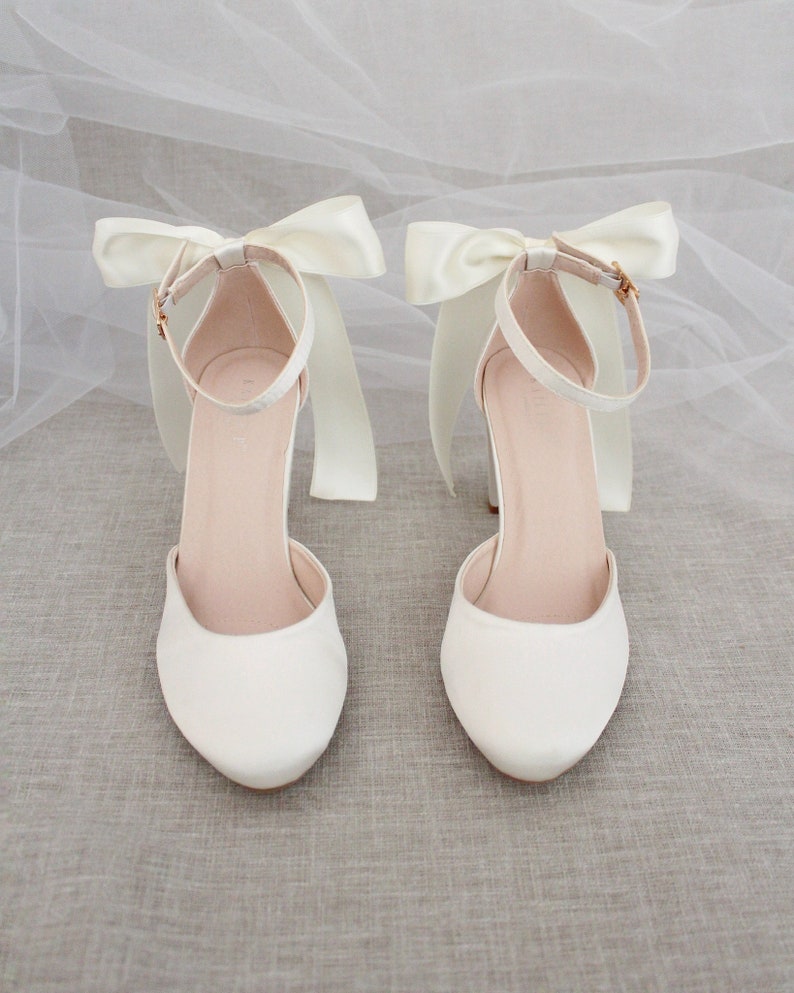 Women & Kids Ivory Satin Block Heel with SATIN BACK BOW, Women Wedding Shoes, Bridesmaids Shoes, Bridal Shoes, Bridal Heels, Bride Pumps image 4