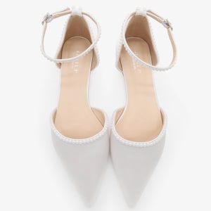White Satin Pointy Toe Flats with MINI PEARLS and Ankle Strap | Women Wedding Shoes, Bridal Shoes, Bridal Flats, White Shoes