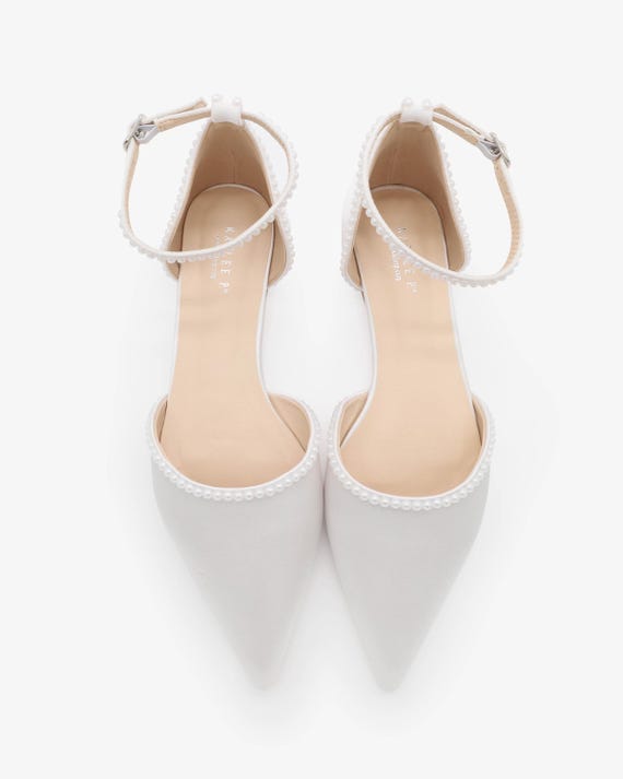 White Satin Pointy Toe Flats with MINI PEARLS and Ankle Strap | Women Wedding Shoes, Bridal Shoes, Bridal Flats, White Shoes