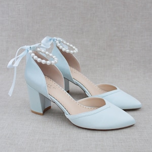 Satin Almond Toe Block Heel With Pearl Ankle Strap Women Wedding Shoes ...