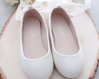 Kids Shoes | Ivory Satin Ballerina Lace Up Flats -Satin flower girls shoes, Ivory Formal Shoes, Jr. Bridesmaids Shoes, Ballerina Shoes