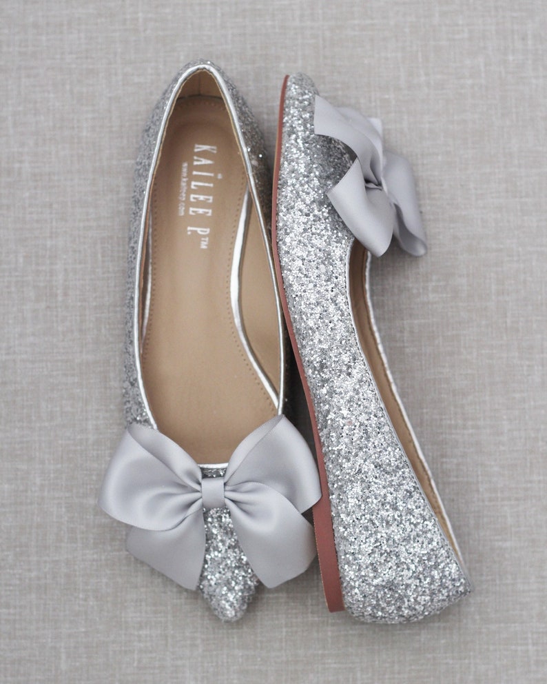 Silver Rock Glitter Pointy Toe Flats with Oversized SATIN BOW | Etsy