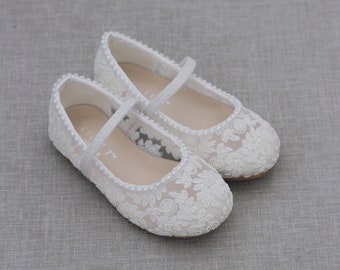 White Crochet Lace Mary Jane Flats with MINI PEARLS, For flower girls, baptism shoes, christening shoes, baby shoes