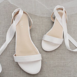 White Satin Flat Sandal with Ballerina Lace Up, Bridesmaid Shoes, Women Sandals, Kids Sandals, Mommy and Me Shoes image 1