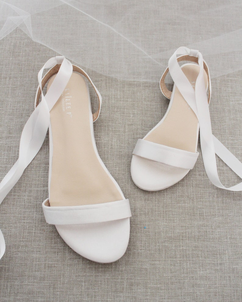 White Satin Flat Sandal with Ballerina Lace Up, Bridesmaid Shoes, Women Sandals, Kids Sandals, Mommy and Me Shoes 