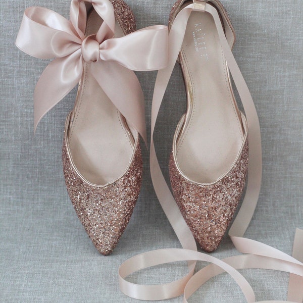 Rose Gold Rock Glitter Pointy Toe Flats with Blush Satin ANKLE TIE or BALLERINA Lace Up, Wedding Shoes, Bridesmaids Shoes, Holiday Shoes