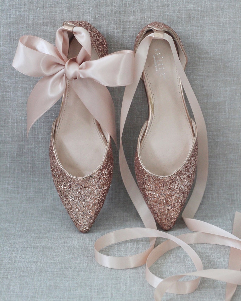 Rose Gold Rock Glitter Pointy Toe Flats with Blush Satin ANKLE TIE or BALLERINA Lace Up, Wedding Shoes, Bridesmaids Shoes, Holiday Shoes 