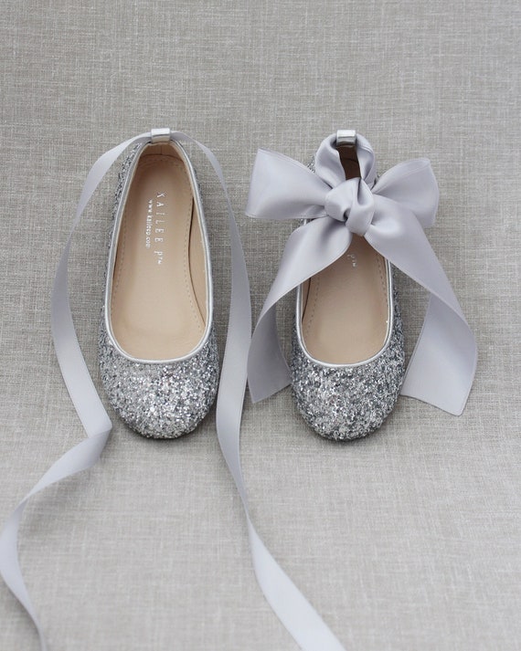 SILVER rock glitter ballet flats with Satin Ankle Tie or | Etsy