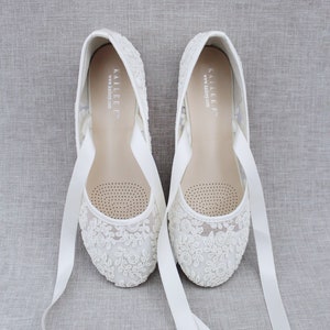 Ivory Lace round toe flats with BALLERINA lace up - Women Wedding Shoes, Bridesmaid Shoes