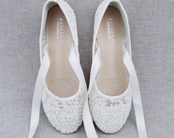 Chaussures plates en dentelle ivoire à bout rond et lacets BALLERINES - Chaussures de mariage pour femme, Chaussures de demoiselles d'honneur
