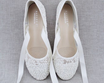 Ivory Lace round toe flats with BALLERINA lace up - Women Wedding Shoes, Bridesmaid Shoes