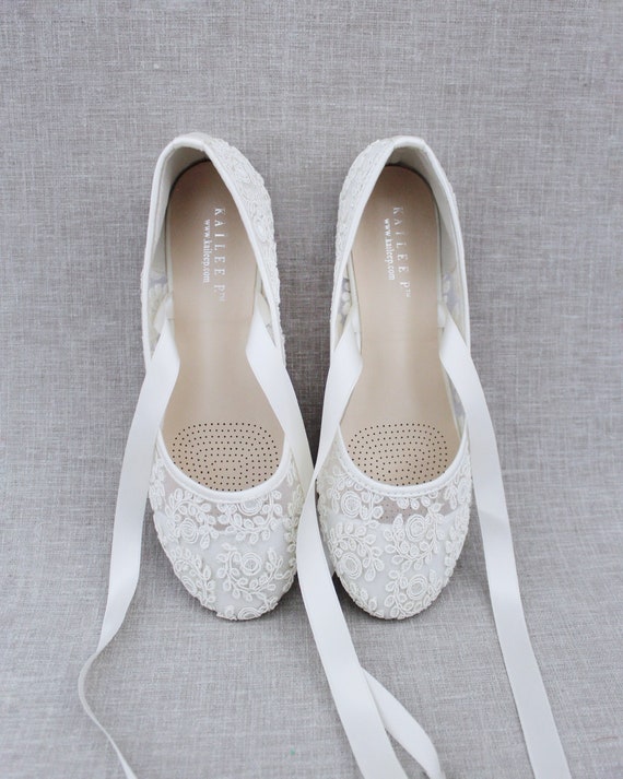 Ivory Lace Round Toe Flats With BALLERINA Lace up - Etsy