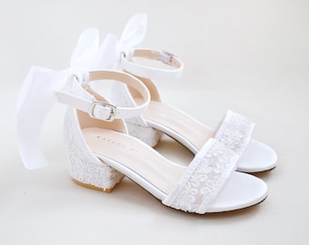 White Crochet Lace Low Block Heel Girls Sandals with Satin Back Bow, Flower Girls Sandals, Birthday Shoes, Baptism Shoes