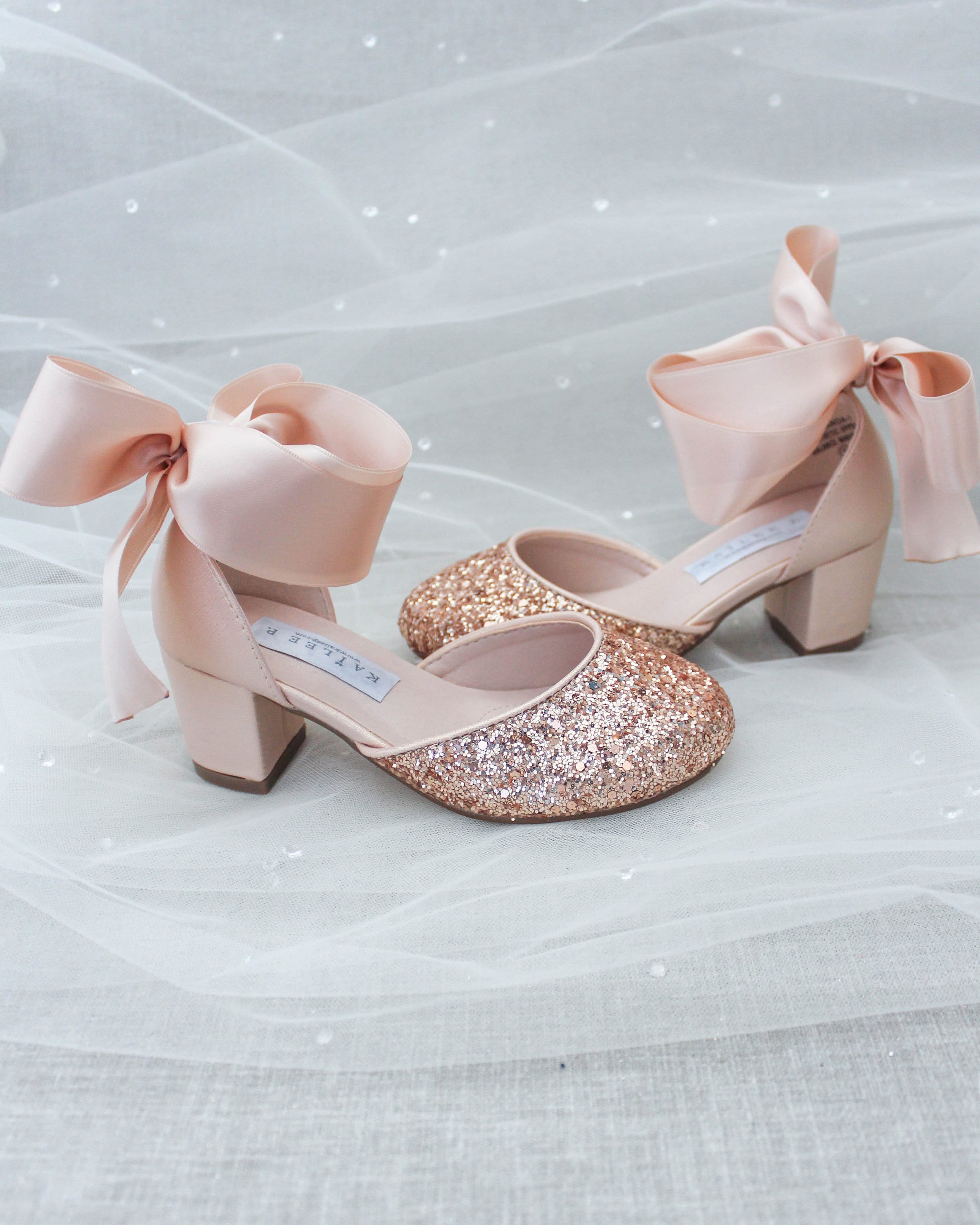Rose Gold Rock Glitter Block Heel with Blush WRAPPED SATIN TIE Fall Wedding Shoes Bridesmaids Shoes Bridal Shoes Holiday Shoes