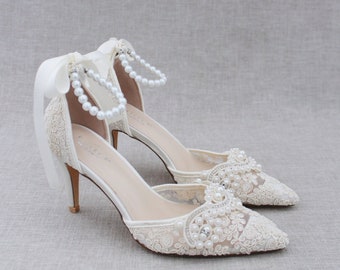 Ivory Crochet Lace Pointy toe HEELS with Small Pearl Applique, Women Wedding Shoes, Bridesmaid Shoes, Bridal Heels, Lace Wedding Heels
