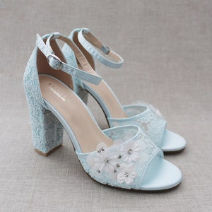 Light Blue Crochet Lace Block Heel Sandals with Flower Applique - Women Wedding Shoes, Bridesmaids Shoes, Bridal Shoes