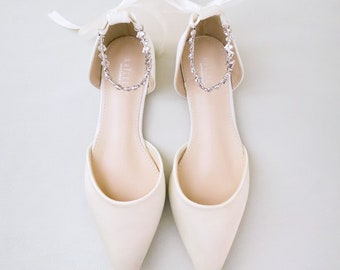 Ivory Pointy Toe Flats with Amaryllis Strap, Fall Wedding Shoes, Satin Shoes, Bridal Shoes, Ivory Bride Shoes, Bridal Flats