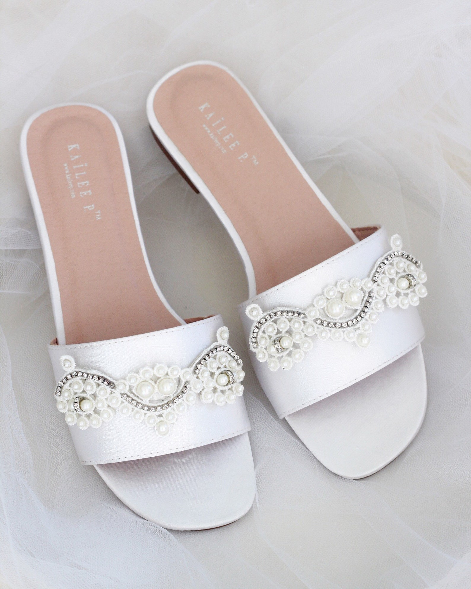 Women Wedding Flat Sandals WHITE SATIN Slide Flat Sandals Etsy