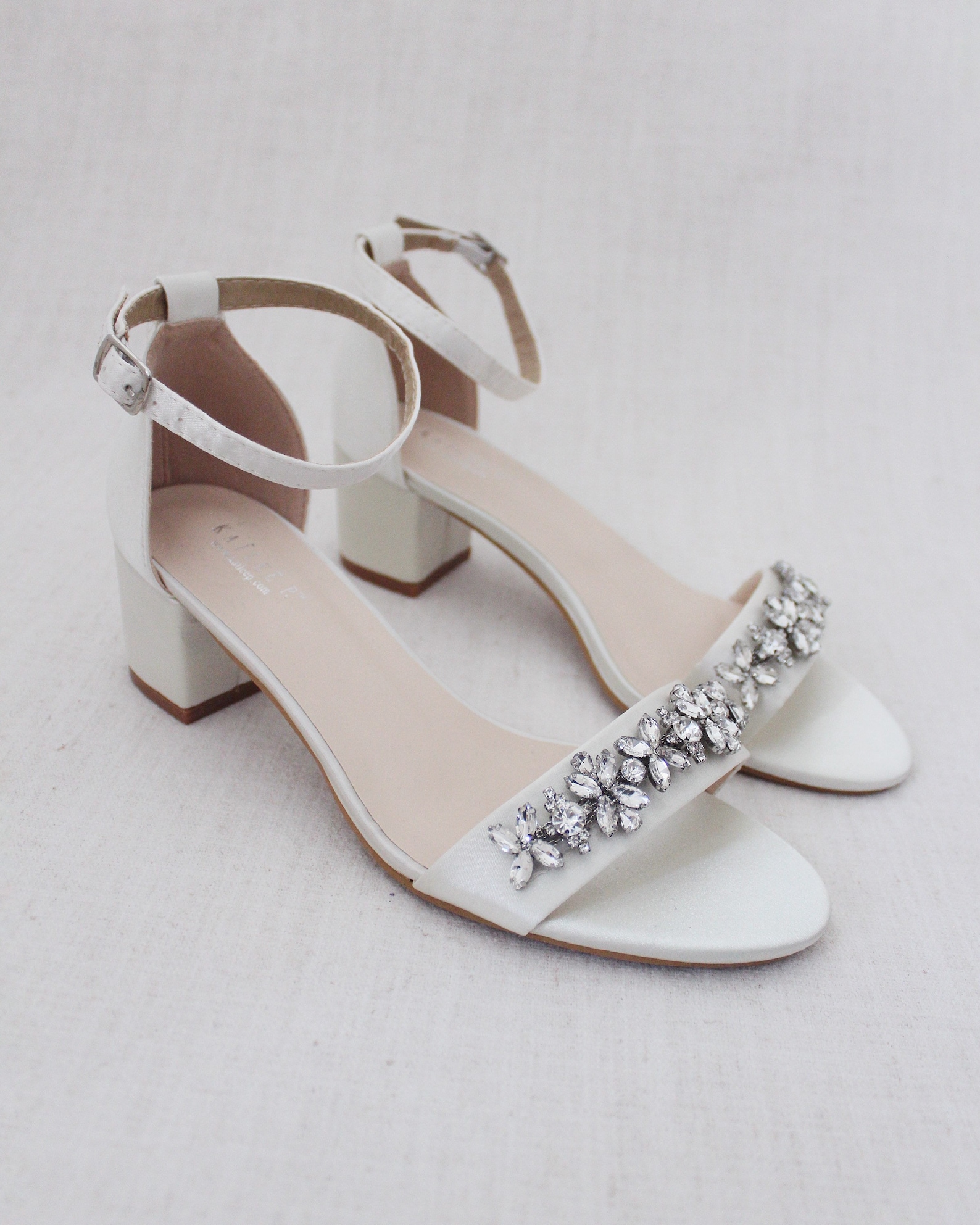 Ivory Satin Block Heel Sandals With FLORAL RHINESTONES on - Etsy