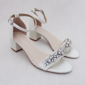 Ivory Satin Block Heel Sandals With FLORAL RHINESTONES on Upper Strap ...