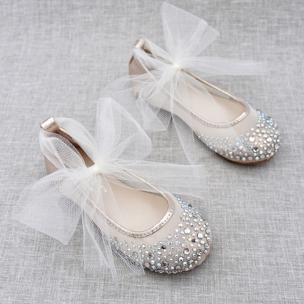 Girls Gold Shoes - Mesh With Rhinestone ballet flats with TULLE ankle strap, Flower Girls Shoes, Fall Party Shoes, Holiday shoes